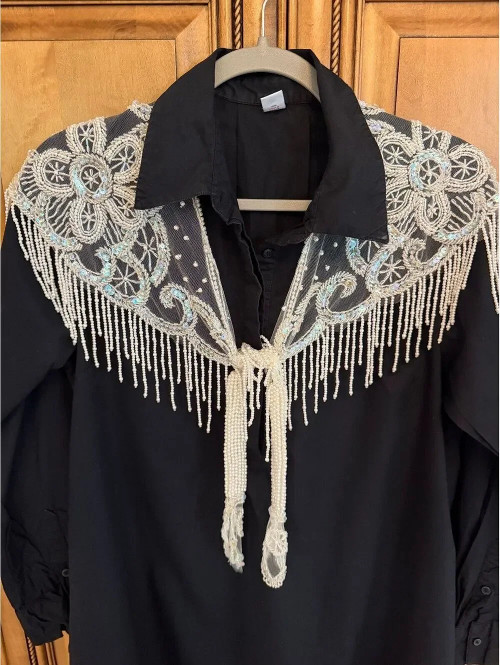 Vintage Beaded Lace Collar Scarf White Pearl Fringe Floral Sequin One Size